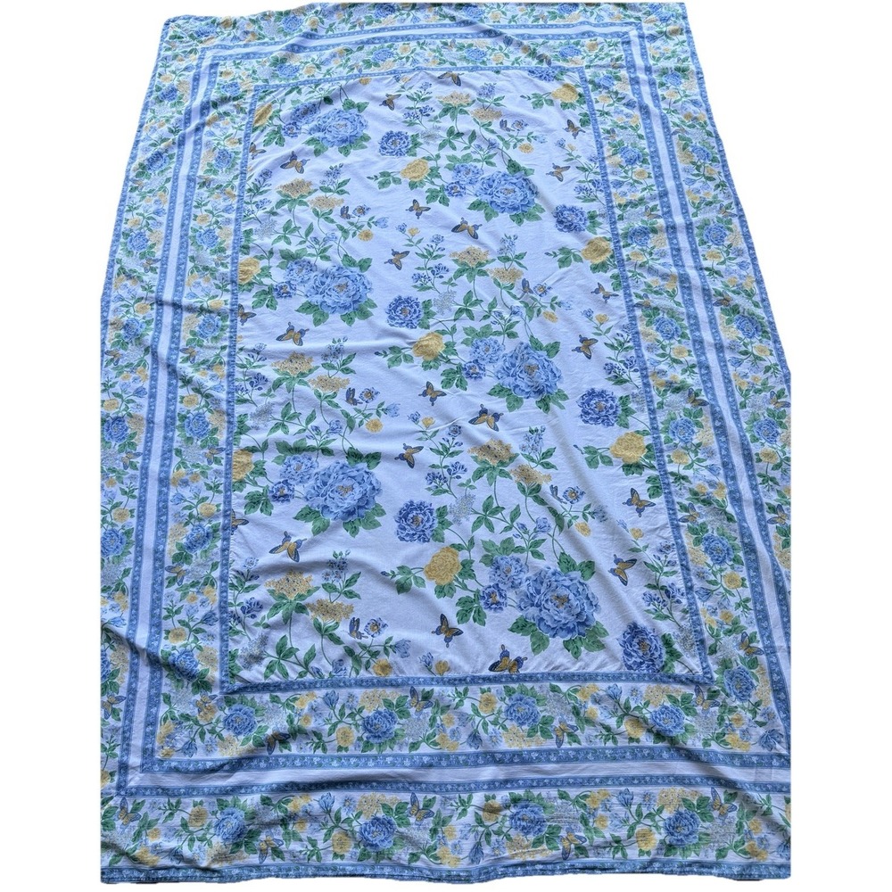April Cornell Vintage Floral Tablecloth 108x72 Blue Yellow Butterflies Cotton